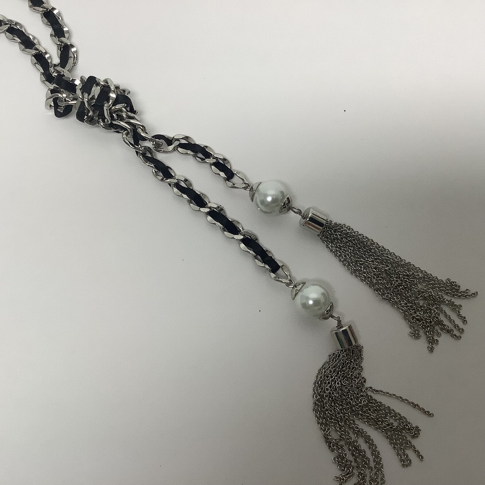 NWT White House Black Market silver chain, black ribbon lariat necklace
